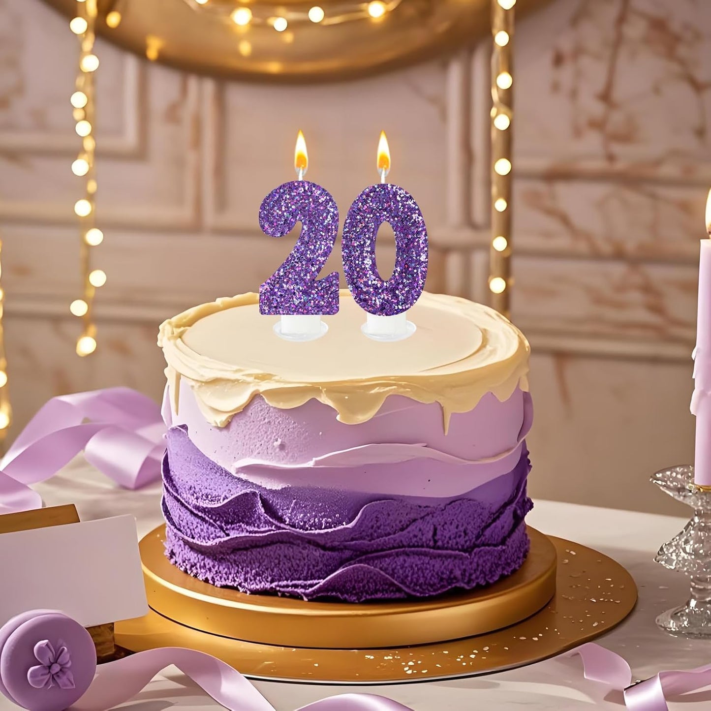 Birthday Number Candles, Glitter Number Candle Cake Decorations with Sequins, Cupcake Decorations for Girls, Women, Party Anniversary Celebrations (Number 0, Purple)