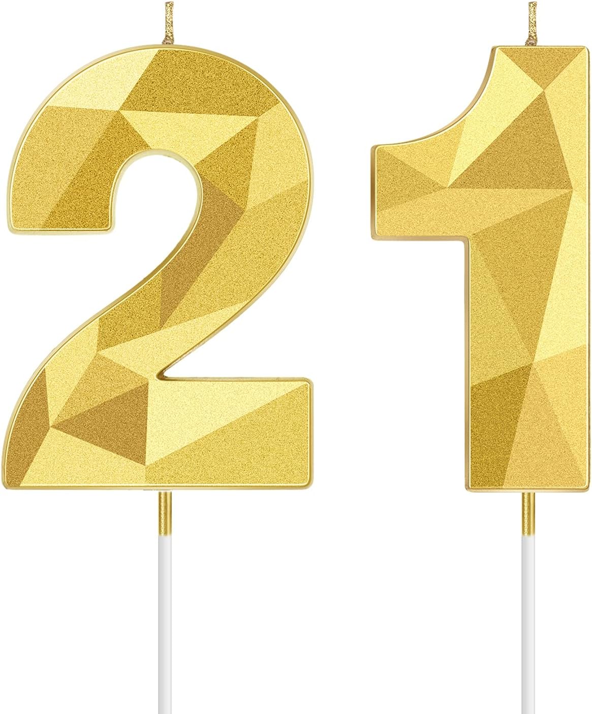 Nuanchu 21st &12th Number Birthday Candles 3D Diamond Shape Numeral Candles Happy Birthday 21 Cake Topper for Wedding Decoration Theme Party Anniversary, 2 Inch (Gold)