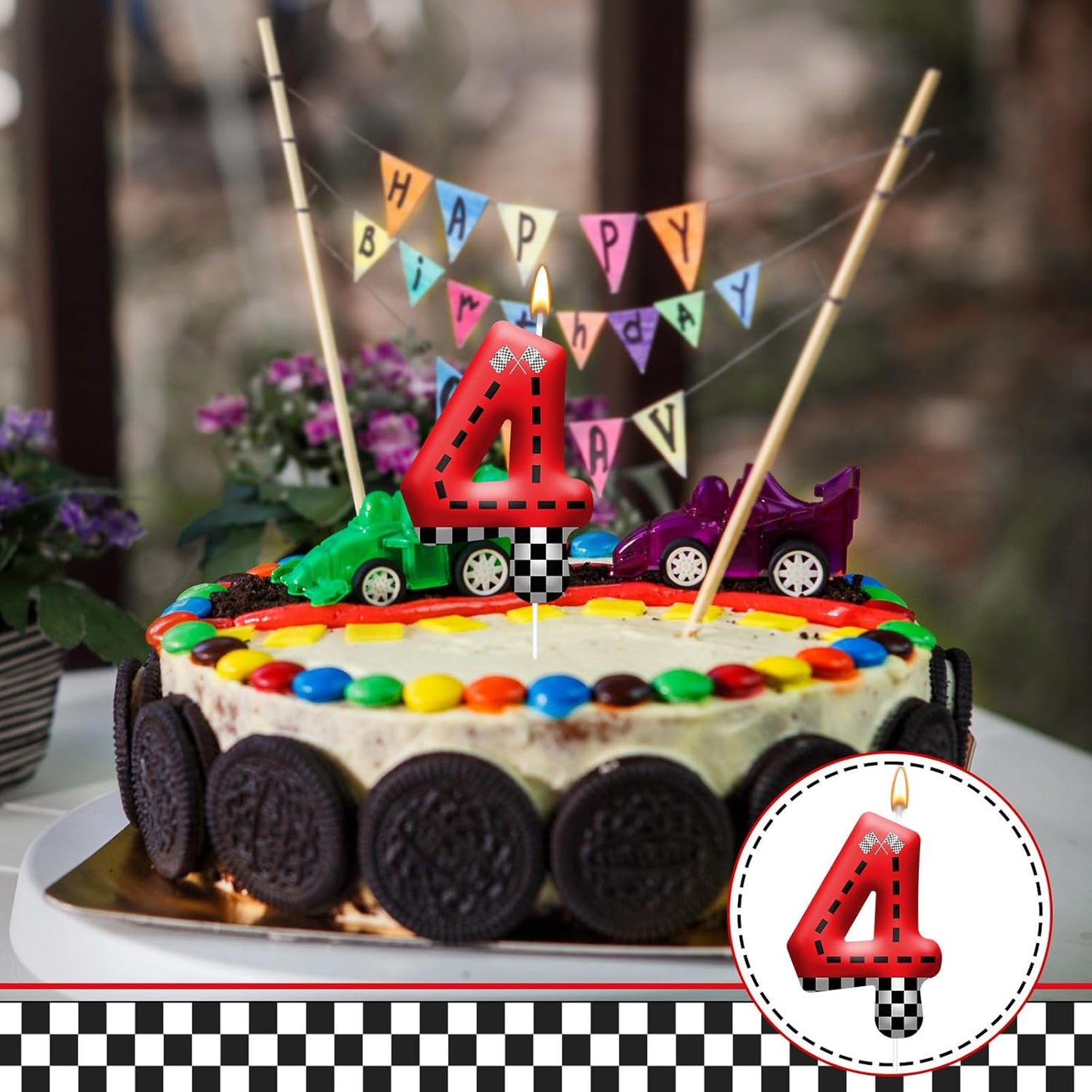 Racing Car Theme Birthday Candle with Checkered Flag Design - Durable Cake Topper for Race Car Party Decorations,Birthday Supplies - Number 4 Candle for Racing Themed Celebrations