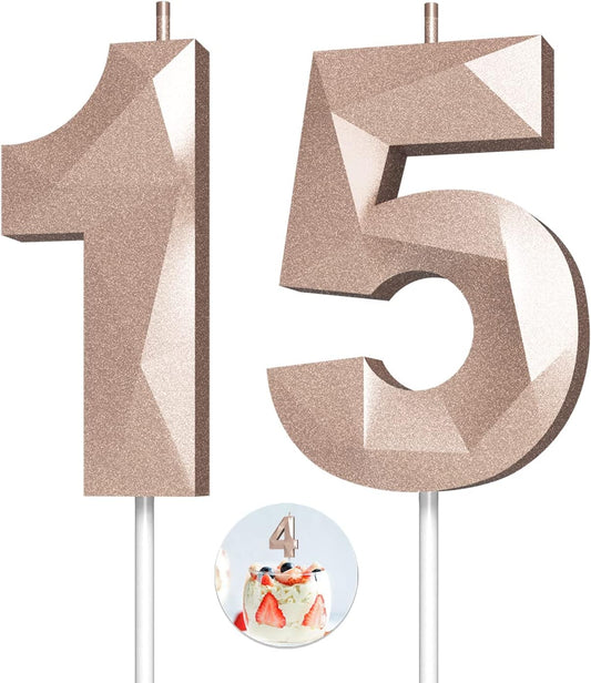 Number Birthday Candles(15 Candle Rose Gold) 3D Diamond Shape Number Happy Birthday Cake Candles for Birthday Party Wedding Decoration Reunions Theme Party