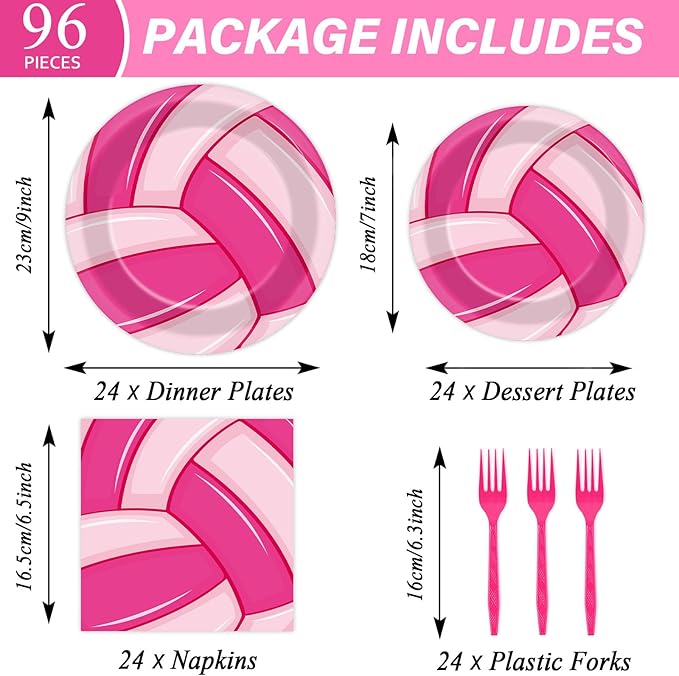 96Pcs Pink Volleyball Party Supplies - Sport Paper Plates, Napkins, Theme Decorations, Dinnerware Favor for Birthday, Baby Shower Tableware - Serves 24