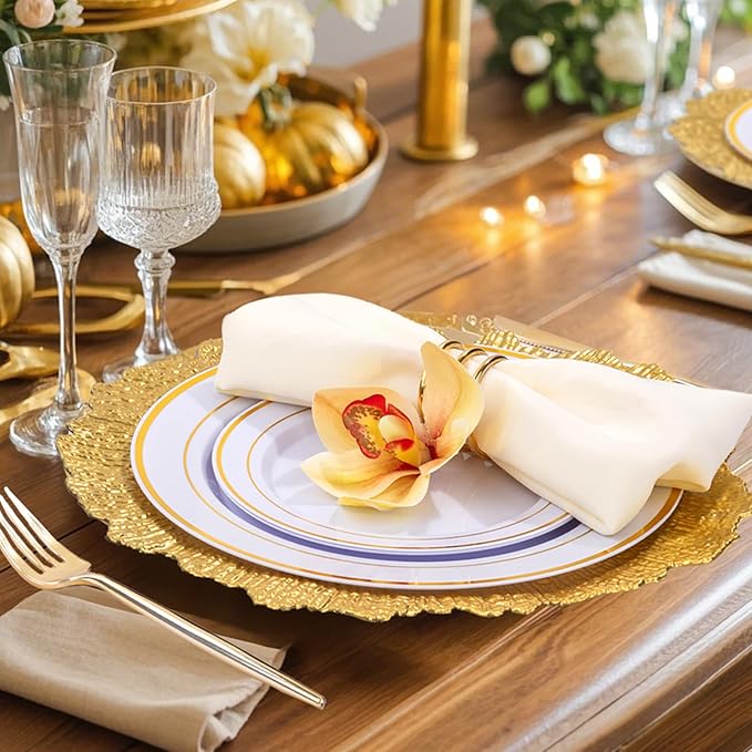 20pcs Gold Charger Plates,13 Inch Charger Plates Bulk,Round Ruffled Rim Chargers for Dinner Plate,Disposable Chargers Plate for Wedding,Party