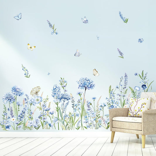 decalmile Wildflower Wall Stickers Blue Floral Garden Flower Wall Decals Girls Bedroom Baby Nursery Living Room Wall Decor