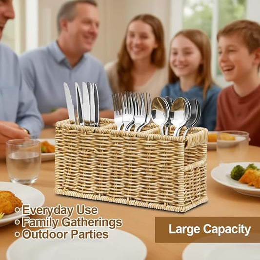 Wicker Utensil Holder, Woven Rattan Silverware Caddy for Party, Countertop Cutlery Storage Box, Knife Fork Spoon Holder, Cabinet Tabletop Silverware Organizer (M, Beige)