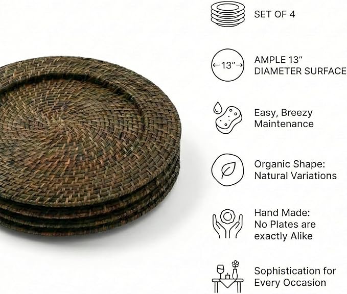 Jay Import Round Rattan Chargers Set of 4 Decorative Service Plates for Home, Professional Fine Dining Perfect for Events & Dinner Parties, Brick Brown, 13" " x 13" " x 0.5"