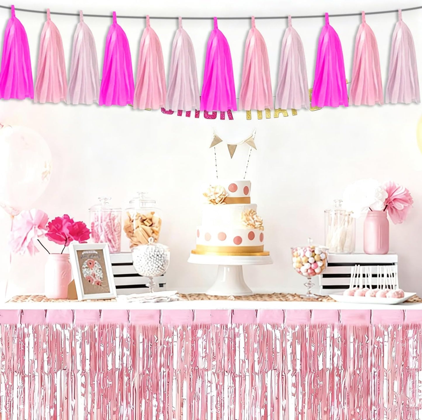 3P Maca-Rose Red Pink LightPink Tassel Banner Garland Foil Fringe Banner Tinsel Banner Backdrop for Parade Floats, Wall Hanging Curtain Parade Floats, Graduation Decorations, Wedding Party Decoration