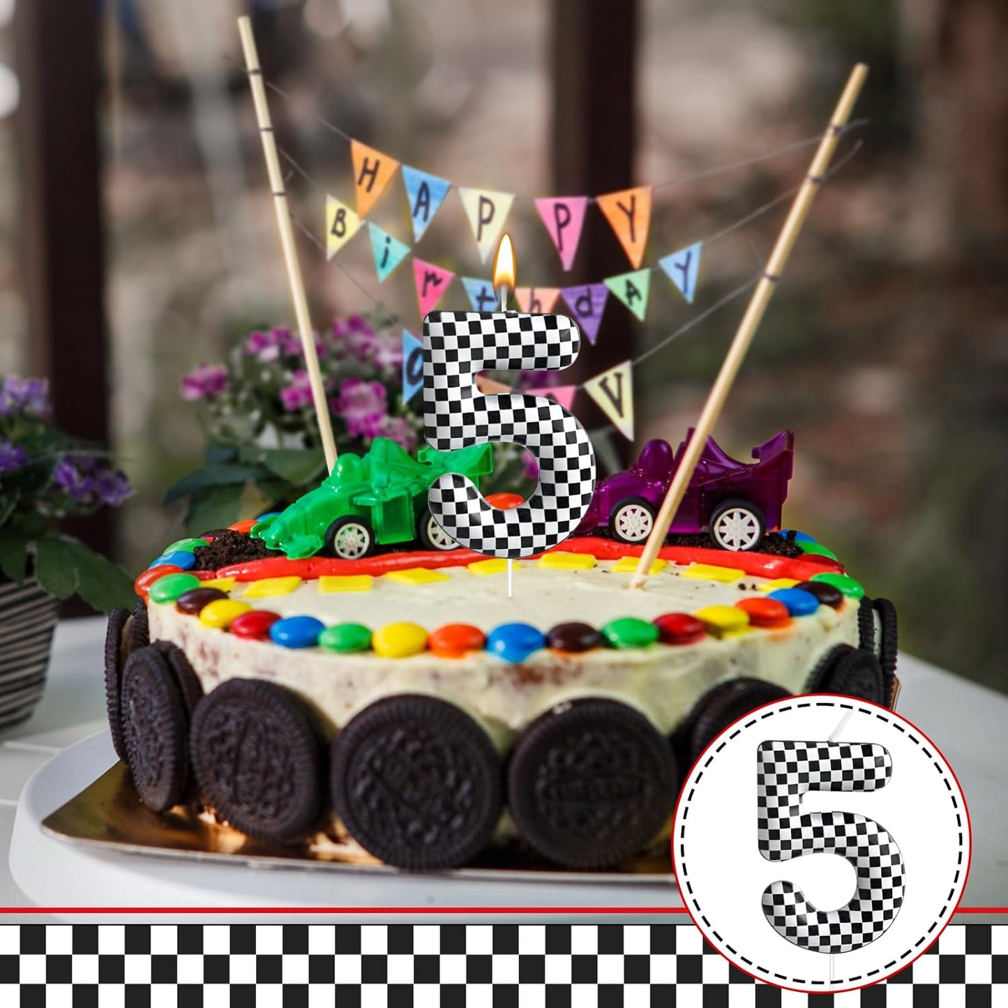 Racing Cars Themed Birthday Candle Number 5 Checkered Candle Birthday Party Decoration Cake Topper for Racing Car Party Decoration Theme Party Supplies (Number 5)
