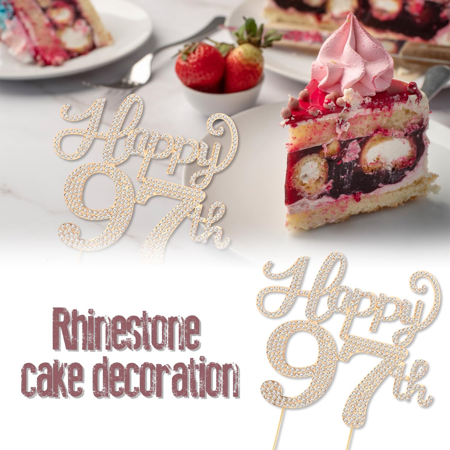 Happy 97th Birthday Decorations,97th Birthday Gold Rhinestone Cake Topper - Cheers to 97 Years Old Bday Party Metal Sparkly Cake Centerpieces Sign.