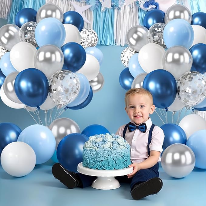 Zesliwy Blue White Silver Balloons Set,50Pcs 12 Inch Metallic Dark Blue Sliver Balloon Royal Light Blue white with Silver Confetti Balloons for Birthday Graduation Wedding Retirement Party Decoration