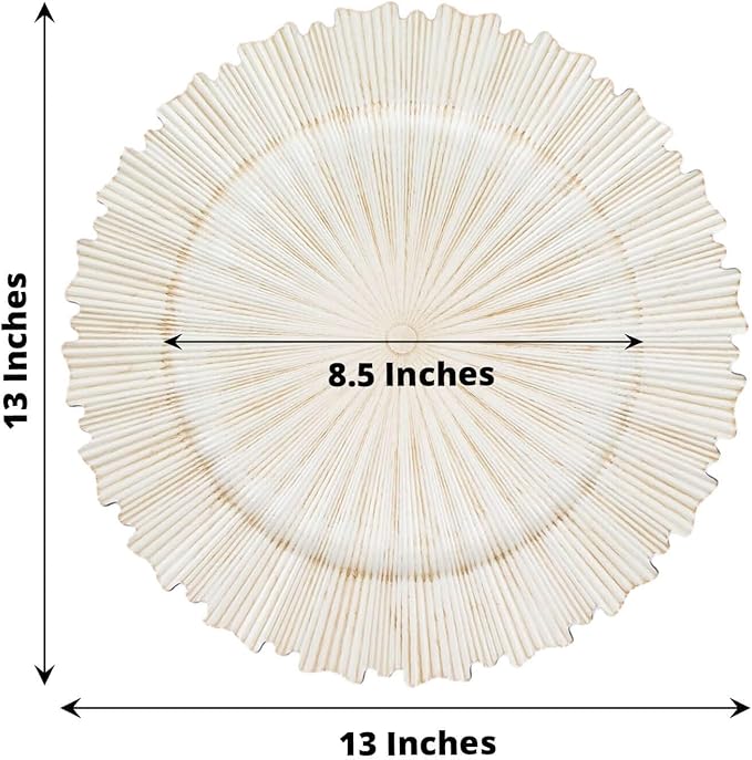 Efavormart 6 Pack | 13" Metallic Antique White Sunray Acrylic Plastic Serving Plates, Round Scalloped Rim Disposable Charger Plates