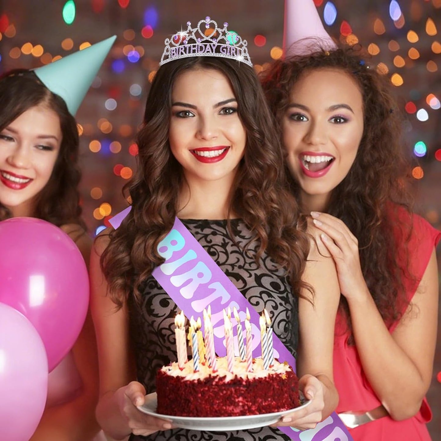 Purple Birthday Girl Tiara and Sash Set - Sparkling Rhinestone Crown with Heart/Star Design & Iridescent Glitter Sash, Perfect for Girls’ Birthday Parties, Princess-Themed Celebrations, Gift for Girls and Women