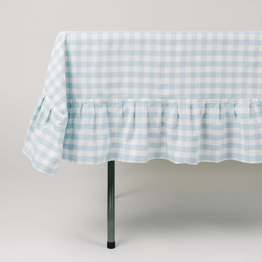 60x90 in Cotton Tablecloth with Ruffled Hem – Rectangular Farmhouse Dining Table Cover for Kitchen, Weddings, Parties, Indoor or Outdoor Picnic and Everyday Decor – Blue Checkered