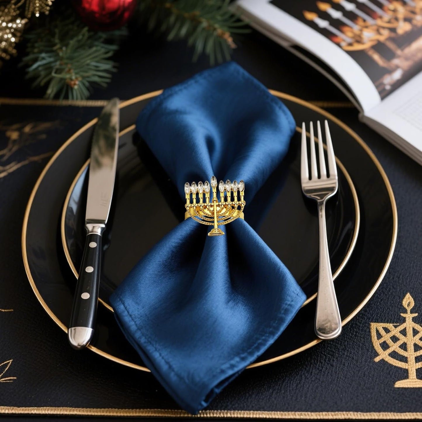 Hanukkah Menorah Napkin Rings Set of 12 for Chanukah Christmas Eve Thanksgiving New Year Family Dining,Candlestick Napkin Rings Holder for Jewish Themed Wedding Brithday Holiday Table Decor