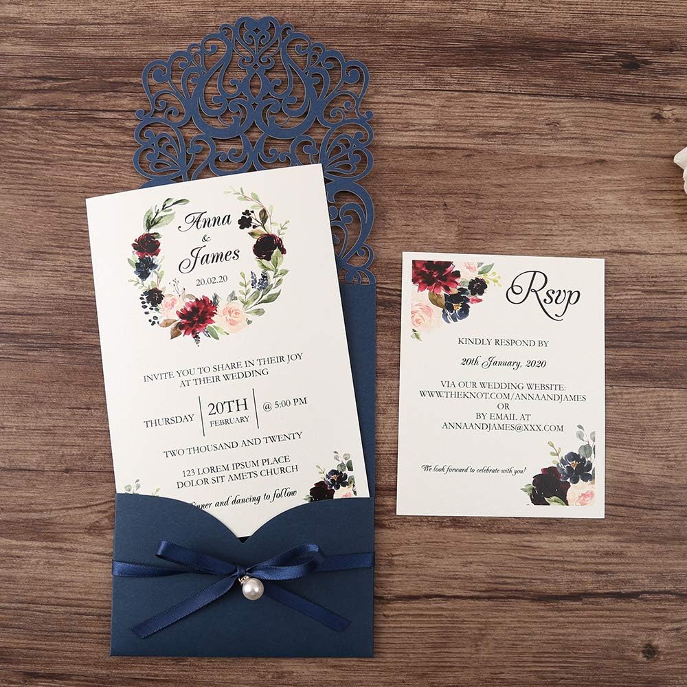 5X7.2 Inch 50PCS Personalized Laser Cut Navy Blue Wedding Invitations with RSVP Cards and Envelopes, Wedding Invitation Cards with Ribbon Belly Band Pearl Embellishments