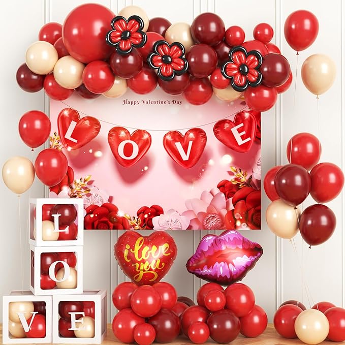 Valentines Day Party Decorations, Balloon Boxes with Letters/Backdrop/I Love You & Lip Foil Balloon/Long Balloons/Red and Rose Gold Balloons, Galentines Wedding Engagement Anniversary Decor