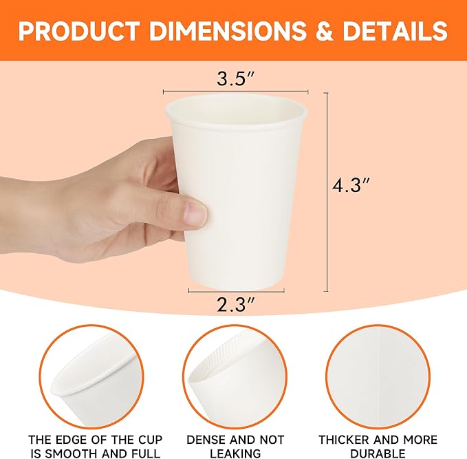 500 Count 12 oz Disposable Paper Coffee Cups, White Hot Paper Cups for Cafes, Bistros, Parties, and Events