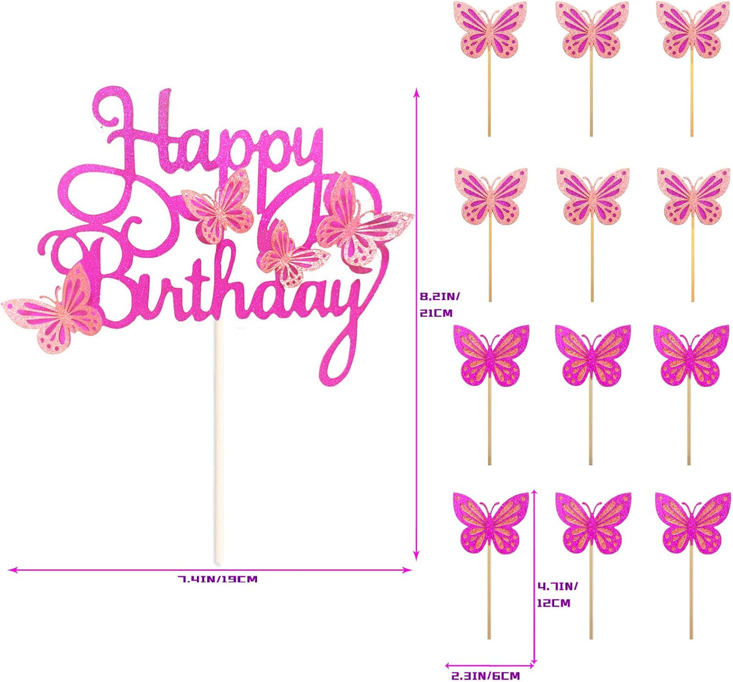 13-Piece Butterfly Cake Toppers - 3D Cupcake Toppers for Girls & Women's Birthdays (Bright Purple)