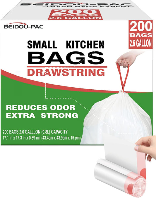 Trash Bags, 2.6 Gallon, 200 Count, Drawstring, Odorless, Extra Thick, White Plastic, Food Scrap Bag for Home Office Bathroom Kitchen Bins