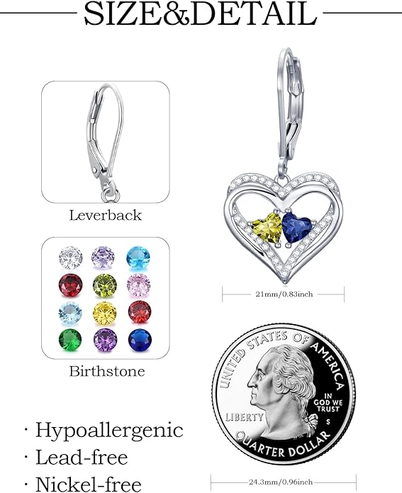 Valentines Day Gifts for Women, Heart Leverback Earrings Double Birthstone Dangle Earrings for Women, Love Jewelry for Her, Anniversary Birthday Gift for Mom Wife Girlfriend