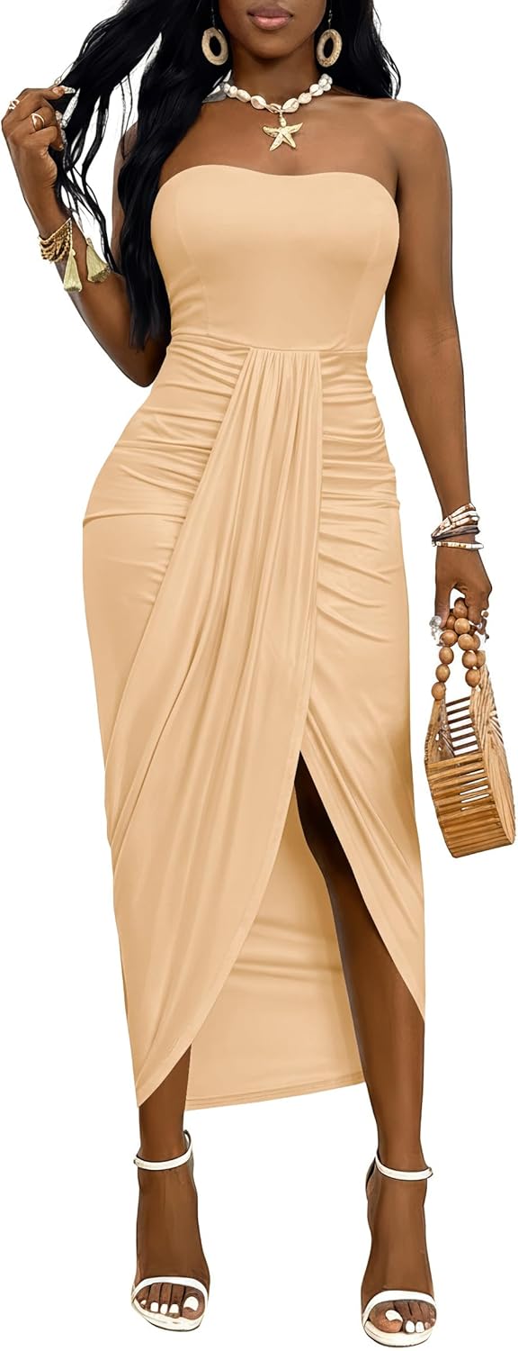 Umenlele Women's Strapless Ruched High Waist Wrap Split Asymmetrical Beach Maxi Long Dress