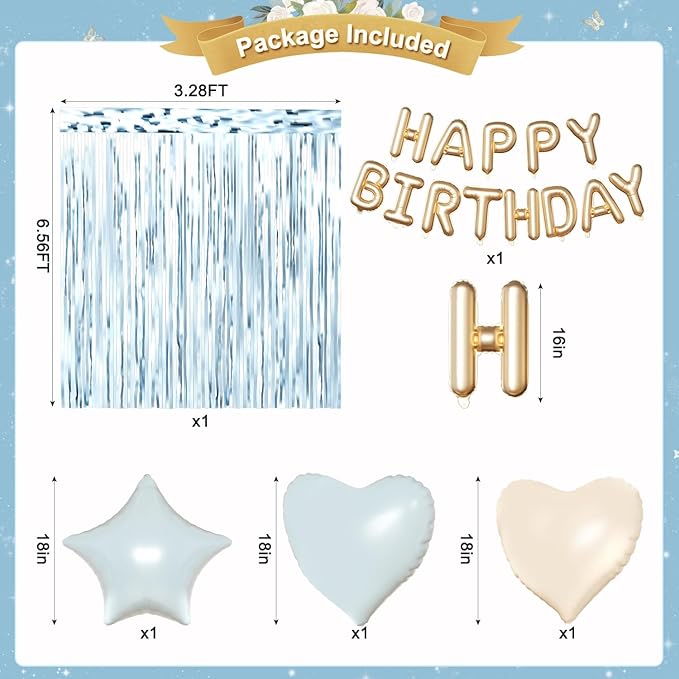 Blue Birthday Decorations, Dusty Light blue Sand White Gold Confetti Foil Balloons Happy Birthday Banner Gold Butterfly Fringe Curtains, Dusty Blue Birthday Decorations for Girls Women