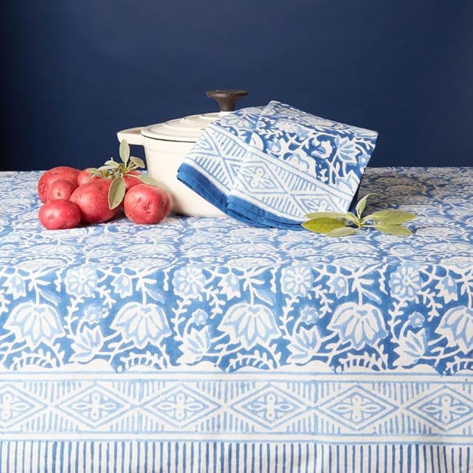 Block Print Cotton Dining Table Cloth, 90" x 60", Rectangle Tablecloth, Decorative Fabric Table Cover, Holidays, Thanksgiving, Christmas, Weddings, Housewarming Gift (White Blue Floral)