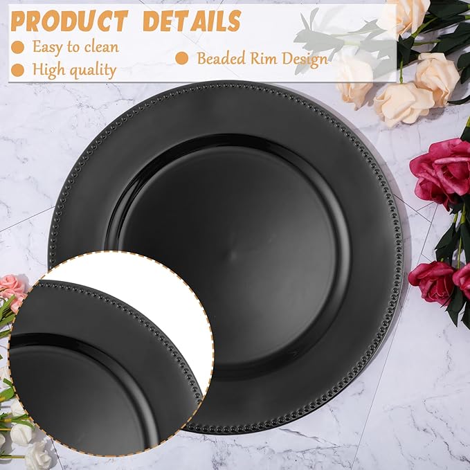 Jinei 36 Pack Black Charger Plates 13 Inch Plastic Beaded Round Charger Plates Wedding Table Decoration Reusable Dinner Plate Tray for Birthday Party Holiday Event