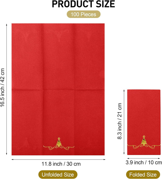 100 Pack Disposable Guest Napkins - 12 x 17 Inch Gold Foil Christmas Trees Napkins - Xmas Tree Hand Towels for Bathroom, Kitchen, Weddings, Holiday Party, Red