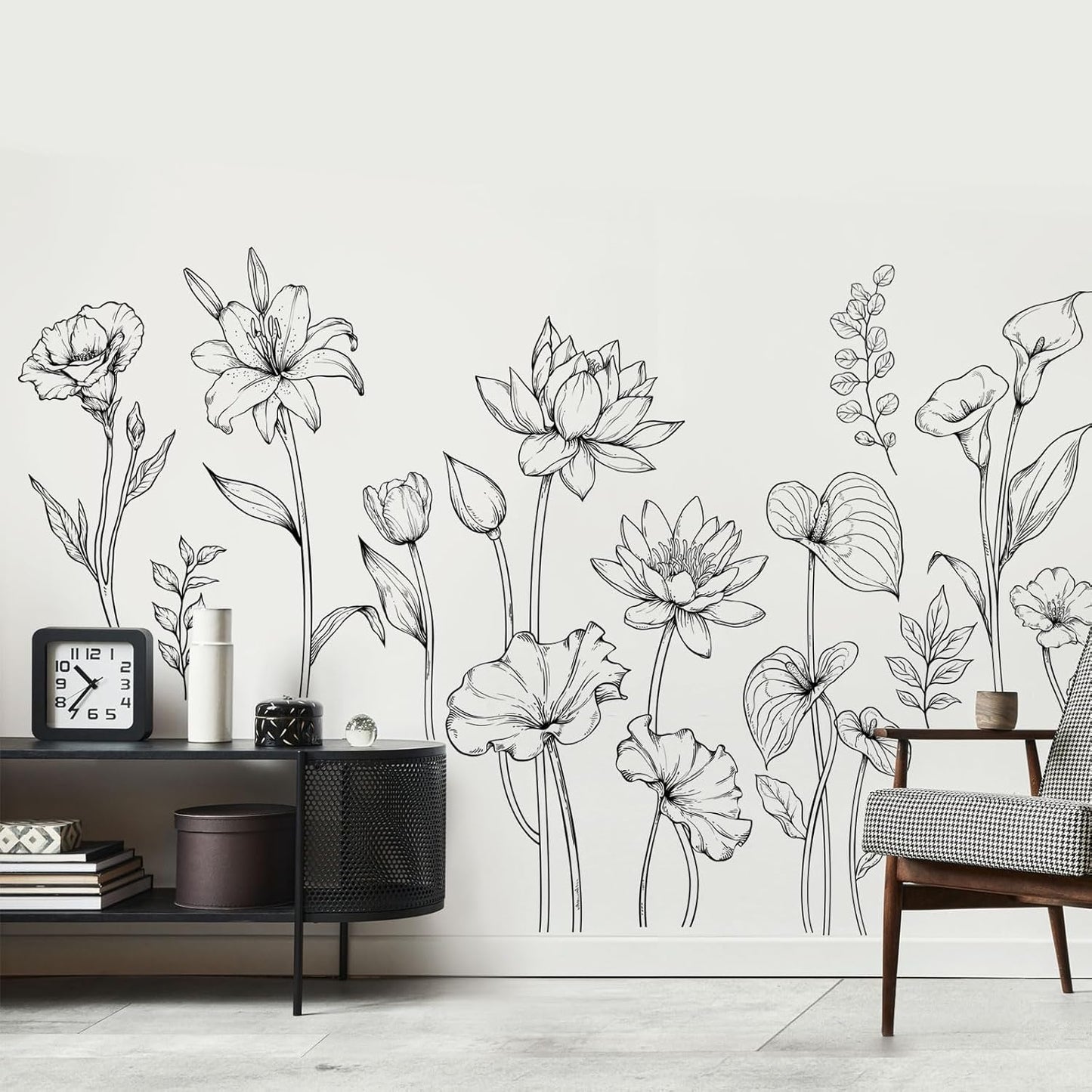 Large Black and White Flower Wall Decals Simple Modern Minimalist Garden Flower Wall Stickers Peel and Stick Floral Wall Art Decor for Girls Bedroom Living Room Office Adult Home Decor Gift for Mom