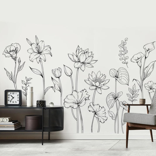 Large Black and White Flower Wall Decals Simple Modern Minimalist Garden Flower Wall Stickers Peel and Stick Floral Wall Art Decor for Girls Bedroom Living Room Office Adult Home Decor Gift for Mom