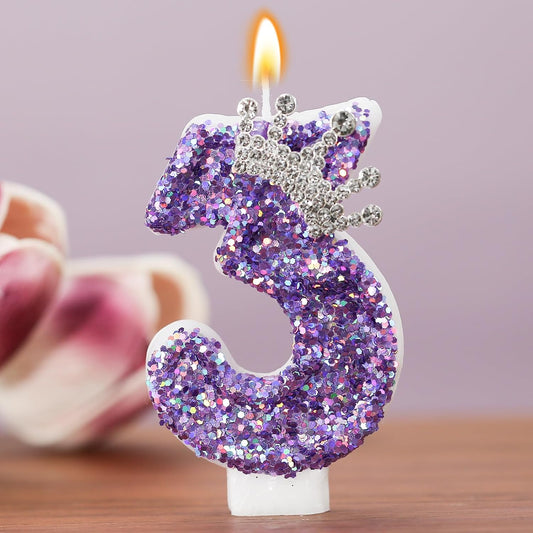 Birthday Number Candles,Purple Crown Birthday Candles for Cake,Glitter Number 3 Candle Cake Topper with Sequins for Anniversary Celebrations Supplies (Number 3)