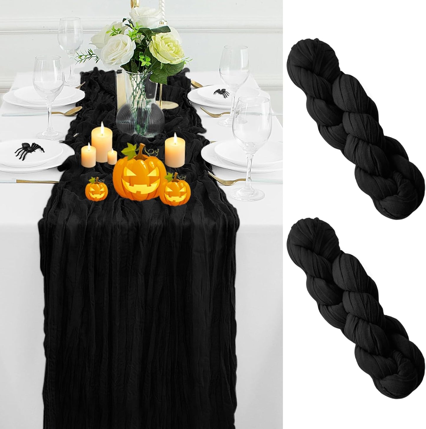 2Pack Black Halloween Table Runner 10FT Cheesecloth Table Runner 35x120Inch Long Boho Cheese Cloth Table Runners Rustic Gauze Table Runners for Party Wedding Bridal Shower Baby Shower Decorations