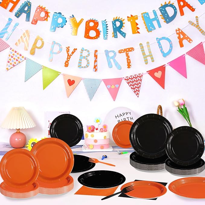 Grencian 200Pcs Orange and Black Party Decorations Orange and Black Plates and Napkins Disposable Paper Tableware for Birthday Wedding Baby Shower Halloween Fall Harvest Party Supplies, Serves 50