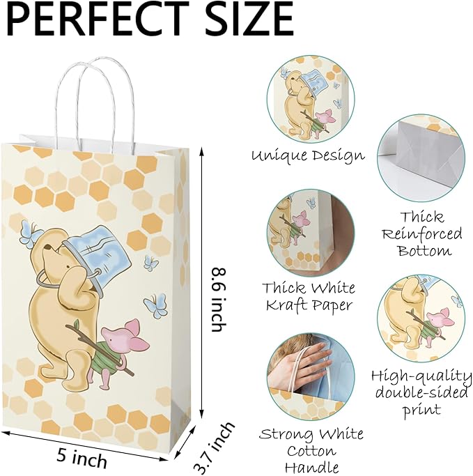 wjrsxilt Pooh Bear Gift Bags with Handles - 16pcs Winnie Goodie Bag with Rope for Bear Themed Parties, Kid's Birthday, Halloween Candy Gift Treat Bags for Party Favor 8.6 * 5 * 3.7inch