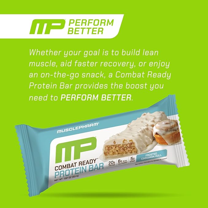 MusclePharm Combat Ready Protein Bar, Cinnamon Roll High Protein Bars, Combat Cravings, Fuel Performance & Meet Energy Demands, 20g Protein from Whey Protein, 3g Fiber, Gluten Free, 4 Bars