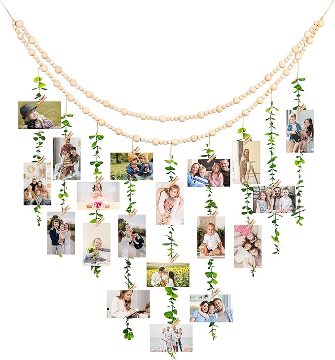 TXIN Hanging Photo Display Holder Wall Decor with Wooden Cards Clips, Boho Style Picture Frame Wood Beads Garland Artificial Eucalyptus Plant Home Decoration for Farmhouse Greenery Cubicle Bedroom