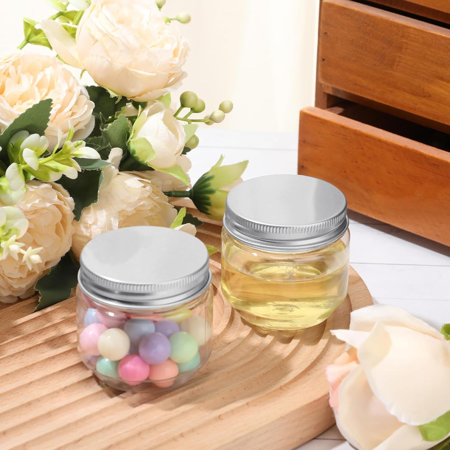 Tanlade 60 Pcs 3 oz Clear Plastic Jars with Lids Wide Mouth Mason Jars Mini Storage Containers Bulk for Herb Jelly Wedding Valentine Favors Shower Party Favors(Silver)