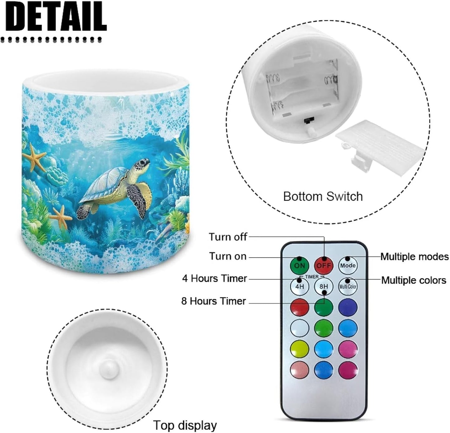 Poceacles 4 Piece Flameless LED Candles with Remote, Plastic Battery-Powered Candles with 12 Colors Changing Decorative Night Light for Home Holiday Decor, Sea Turtle Starfish Coral Blue Ocean
