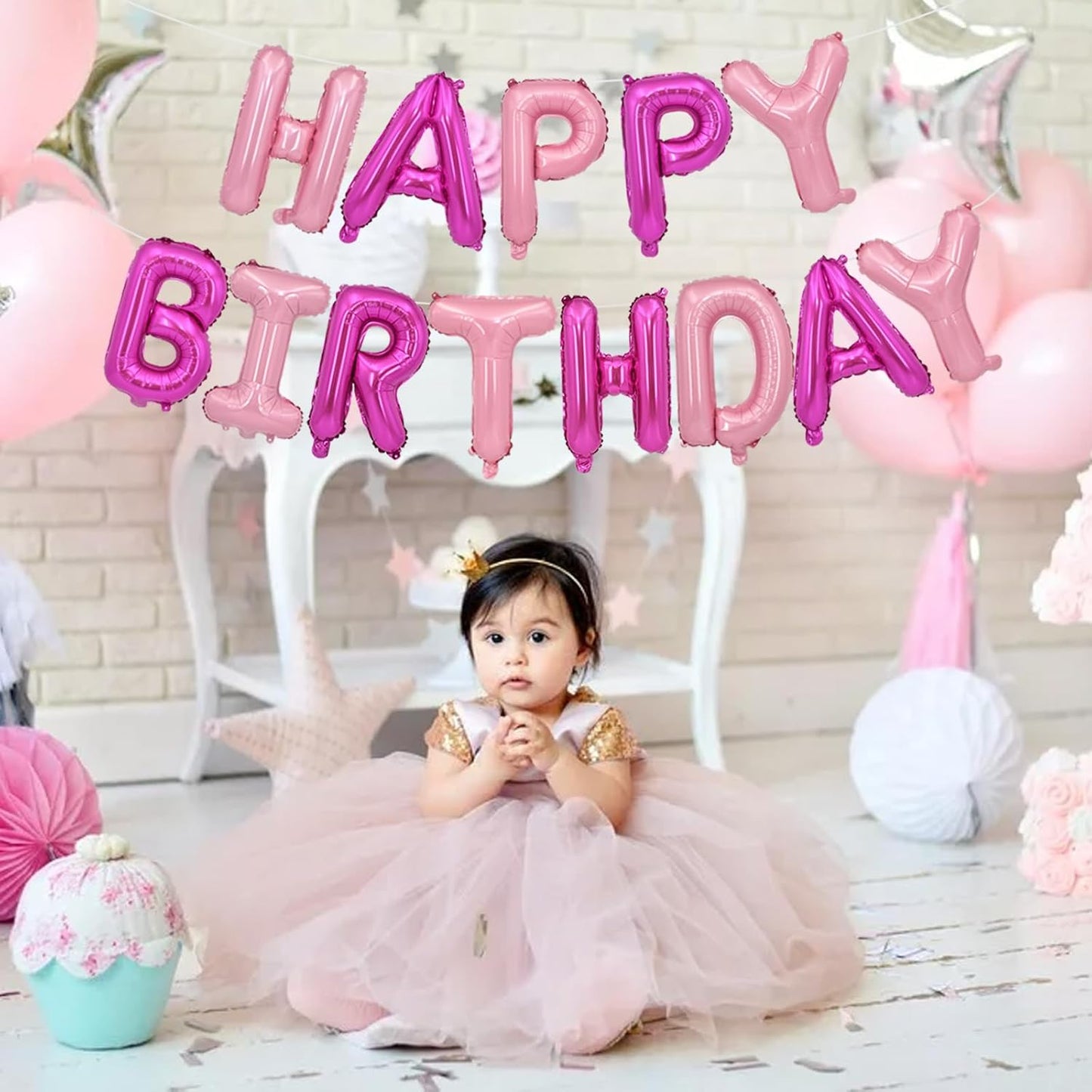TONIFUL Happy Birthday Balloons Banner 16 Inch Mylar Foil Letters Birthday Sign Reusable for Girls Boys Kids & Adults Birthday Party Decorations Supplies（Hot Light Pink）
