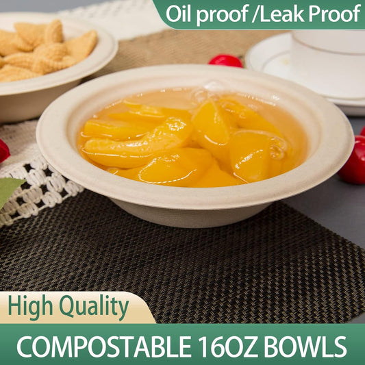 16 oz Compostable Paper Bowls 200pack, Heavy-Duty, Eco-Friendly, Bulk Pack, Disposable Bowls, Biodegradable Made of Sugar Cane Fibers, Hot or Cold Use(natural)