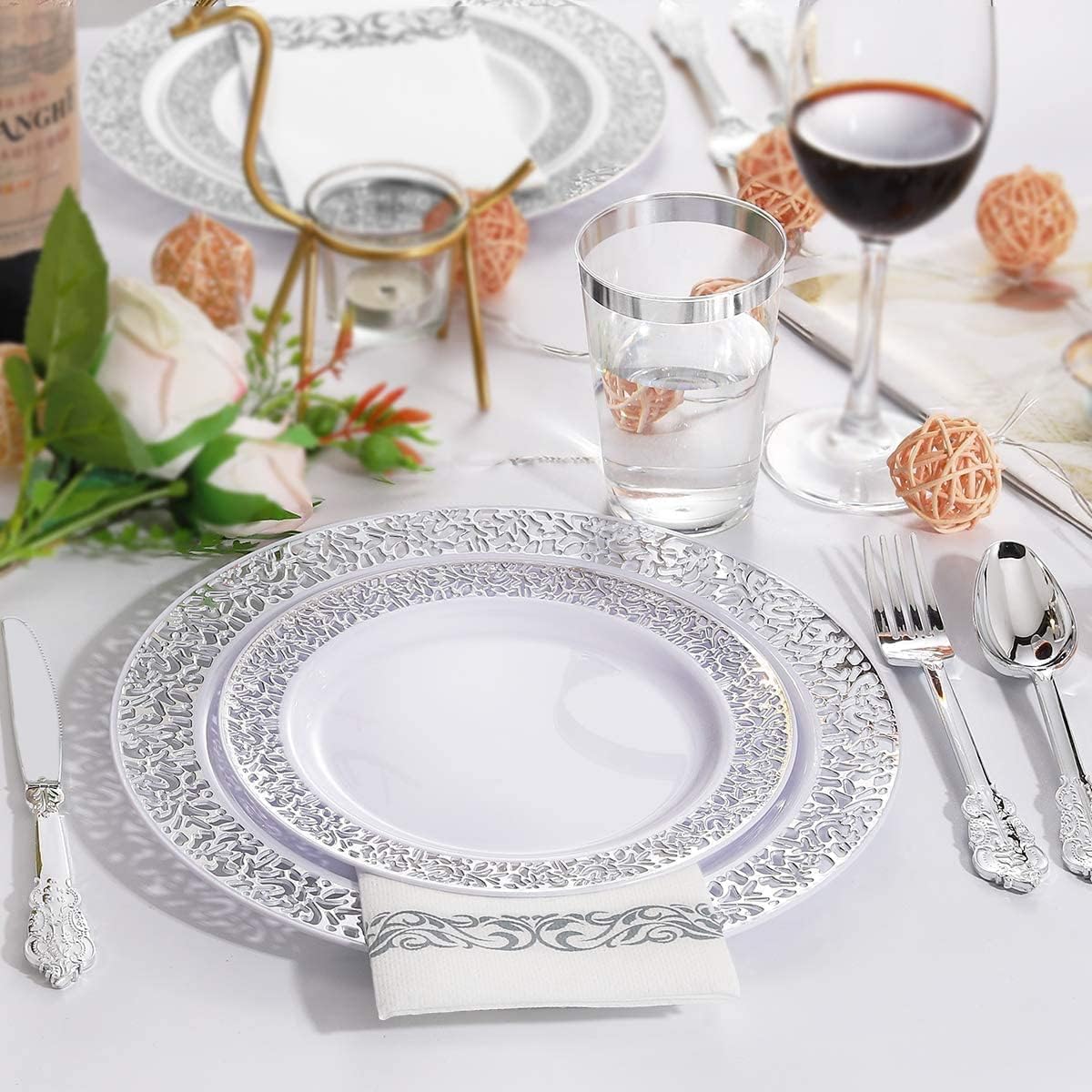 supernal 100pcs Silver Plastic Plates10.25 For Big Party Lace White Plastic Plates with Silver Rim Disposable Dinner Plates Heavy Duty for Party Wedding Birthday