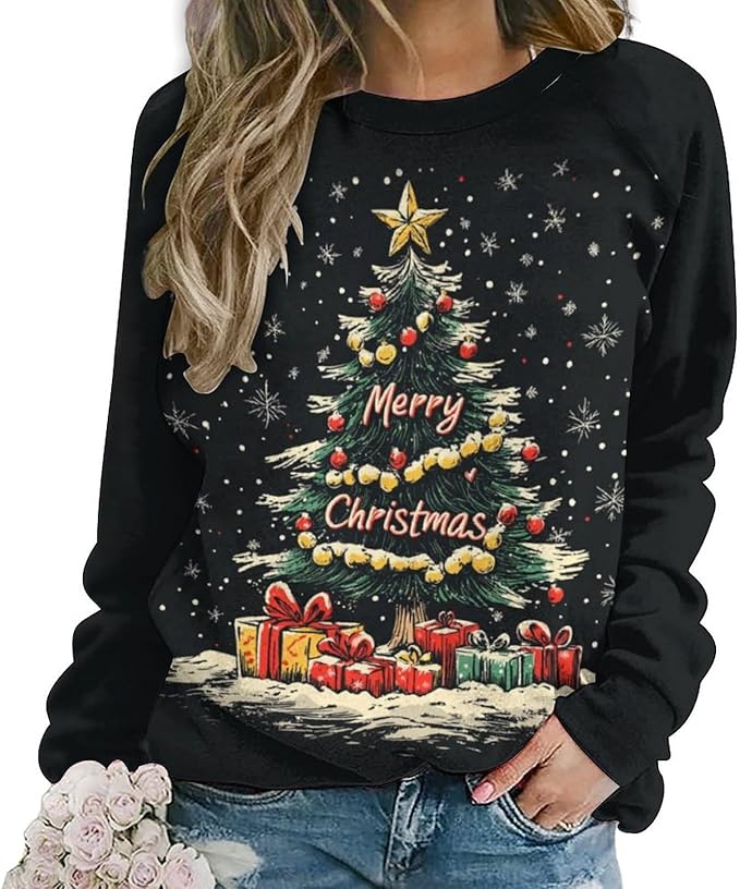 LOAIHA Christmas Sweatshirts for Women Christmas Tree Graphic Shirt Xmas Long Sleeve Merry Christmas Pullover Blouse