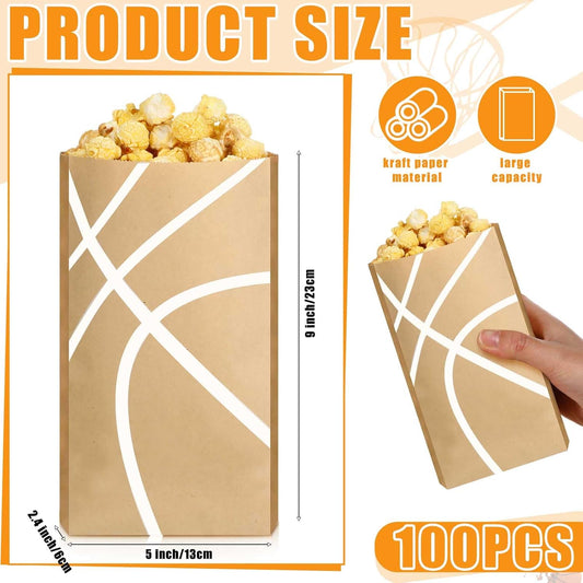 100 Pcs Basketball Popcorn Bags Large Brown Kraft Papers Disposable Basketball Theme Candy Treat Bags for Sports Party Birthday Supplies