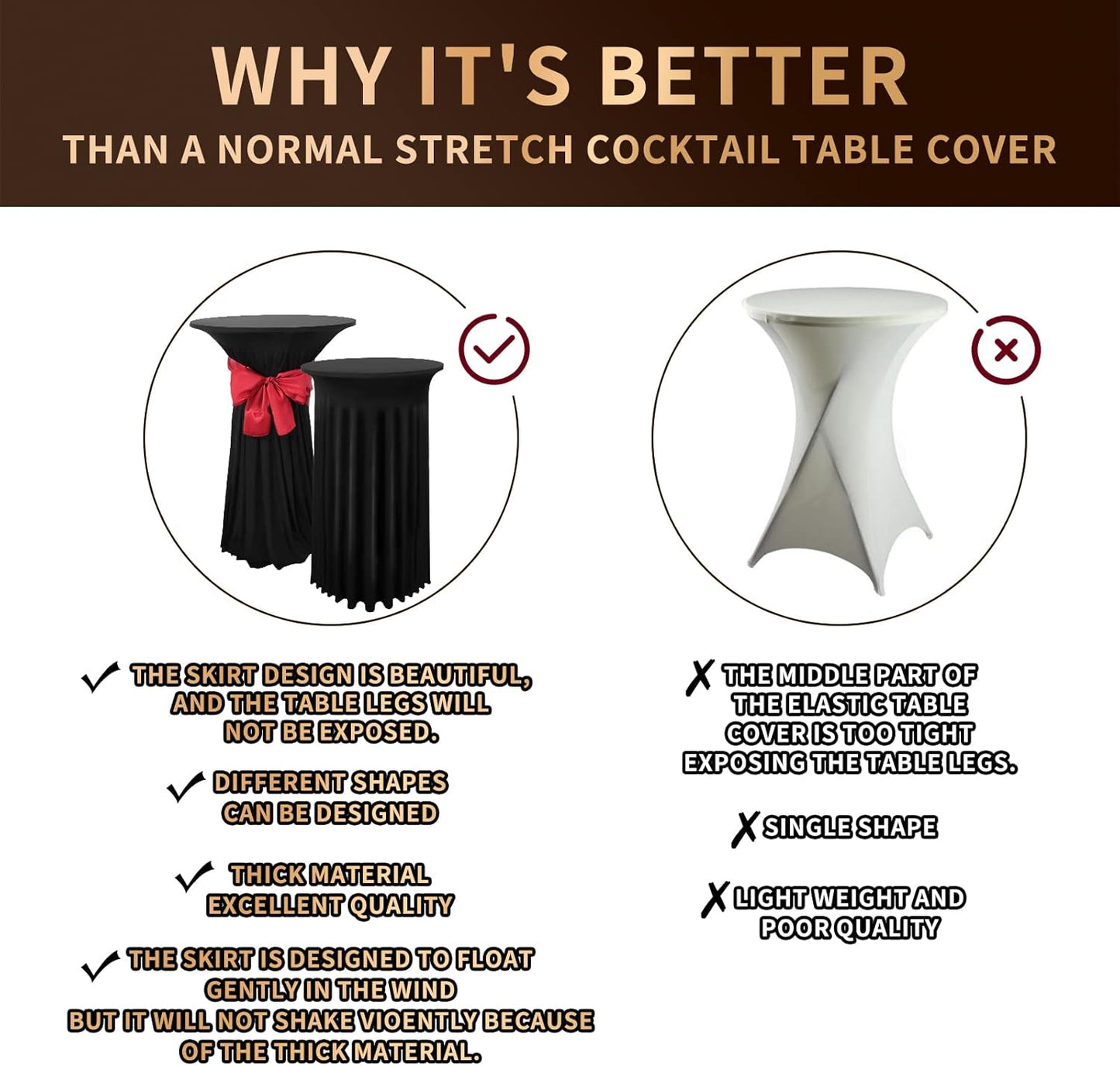 2 Pack Spandex Stretch Cocktail Table Covers with Skirt, Black Round - 24"x43", Fitted High Top Stretch Table Dress for Party, Wedding, and Banquet