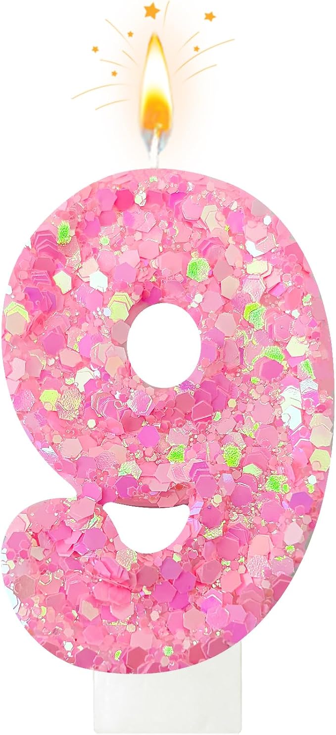 Zailo Birthday Number Candles, Glitter Number Candle Cake Decorations with Sequins, Cupcake Decorations for Girls, Women, Party Anniversary Celebrations (Number 9, Light Pink)