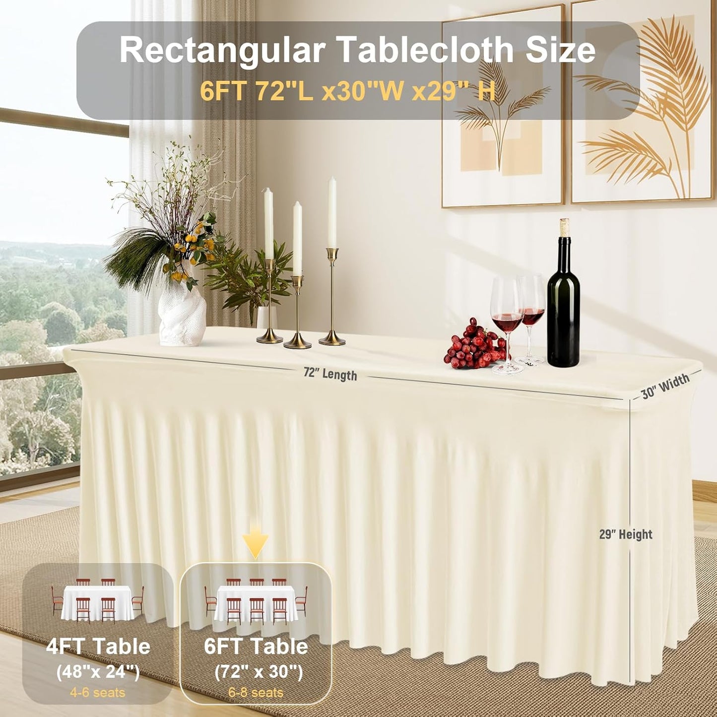 2 Pack Ivory Rectangle Tablecloths, Washable Stretch Fitted Spandex Table Covers for 6FT Tables, Wrinkle-Free & Reusable Table Cloths,Ideal for Parties, Banquets, Wedding, Buffet,Events