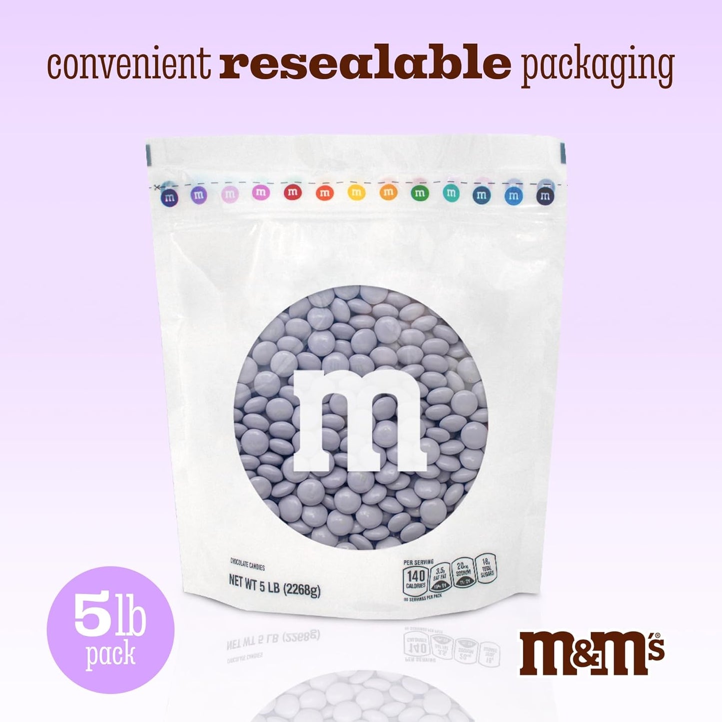 M&M’S WORLD M&M’S Light Purple Milk Chocolate Candy - 5lbs Resealable Purple Candy Pack for Easter, Mother's Day, Graduations, Birthday Parties, Weddings, Celebrations, Birthday Decor, and more