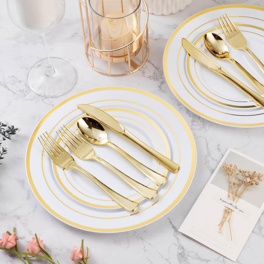 BESTVIP 300PCS Gold Plastic Plate Set (50 Guests), Plastic Plates for Party Wedding Birthday, Disposable Dinnerware Set of 100 Plates, 100 Forks, 50 Spoons, 50 Knives for Christmas, Thanksgiving