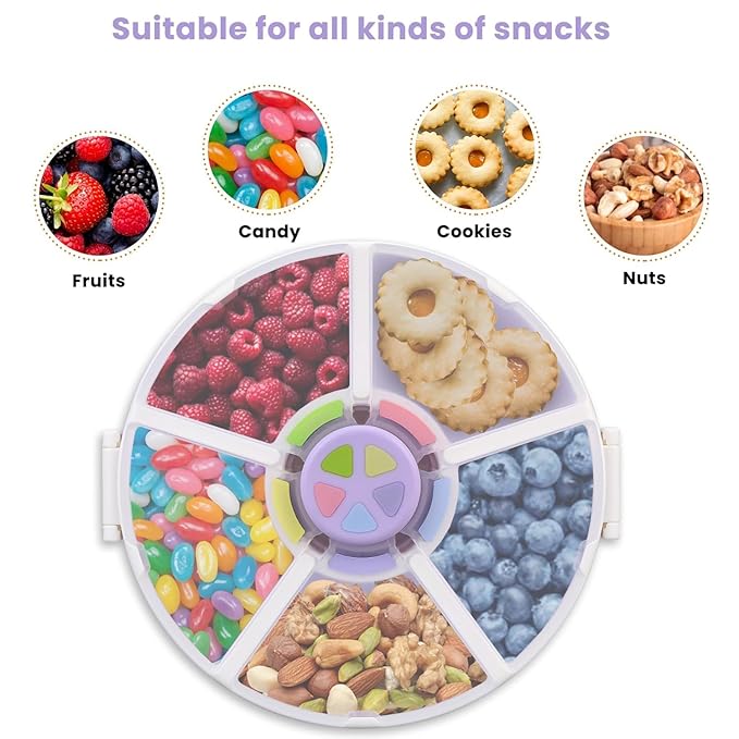 Snack Rotator Container Reusable Snack Box with 5 Compartment Dispenser and Lid, Color Matching Opening Lid, BPA and PVC Free, for Home, School, Travel (2 Pack- Purple)