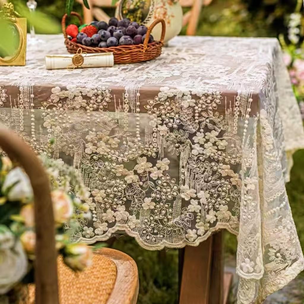 French Embroidery Lace Tablecloth - Round/Rectangular/Square Options for Coffee Tables, Vintage Beige Lace Table Cover for Kitchen, Dining Room, Party, Banquet, Wedding, Picnic, Home Decor（90*53in）